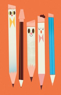 four pencils with faces drawn on them are lined up against an orange background,