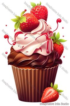 a cupcake with chocolate frosting and strawberries on top is shown in this image