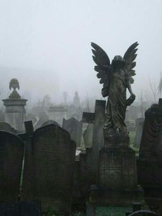 an angel statue in the middle of a cemetery on a foggy, overcast day