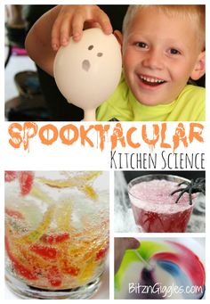 a collage of pictures with the words spooktacular kitchen science