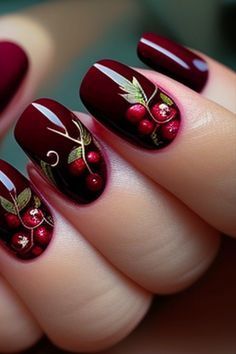 Cherry Red Nail, Red Nail Ideas, Dark Cherry Red, Stylish Tips, Trending Nails, Fancy Nails Designs, Gold Nail, Pretty Nail Art Designs, Red Nail