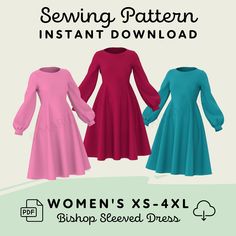 three women's dresses with long sleeves and bell sleeves, all in different colors