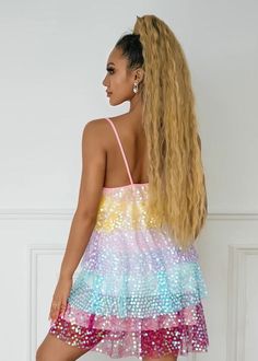 Expertly crafted with a vibrant multicolor sequin design, this flared cami mini dress is sure to make a statement. Perfect for any occasion, the layered sequins provide a unique and eye-catching look. Stand out from the crowd and shine in this must-have dress. Fabric: Non-Stretch Material: Polyester Fiber Multicolor Sequin Mini Dress For Party Season, Multicolor Mini Sequin Dress For Party Season, Spring Mini Dress With Contrast Sequin And Spaghetti Straps, Summer Vacation Mini Dress With Sequins, Glamorous Multicolor Mini Dress With Contrast Sequin, Glamorous Multicolor Sequin Mini Dress, Multicolor Mini Dress With Contrast Sequin, Multicolor Sequin Summer Dress, Summer Multicolor Sequin Dress