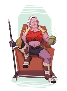 an image of a woman sitting in a chair holding a spear and a green bag