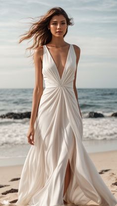 a woman standing on top of a beach wearing a white dress and holding her hair in the wind