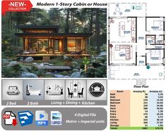 the modern - story cabin or house is shown in this brochure, and it's floor plans are also available