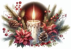 a lit candle surrounded by pine cones, holly and poinsettis on a white background