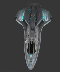 a futuristic looking ship with blue lights on it's hulls and the upper deck