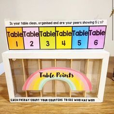 a wooden table with numbers and rainbows on it