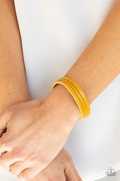 The front of a dainty yellow leather band is stitched in two linear rows, creating a colorfully rustic centerpiece around the wrist. Features an adjustable snap closure. Live Text, Paparazzi Accessories Jewelry, Rustic Centerpiece, Yellow Bracelet, Pink Jewels, Mobile Boutique, Jewelry Watch, Rustic Centerpieces, Rustic Jewelry