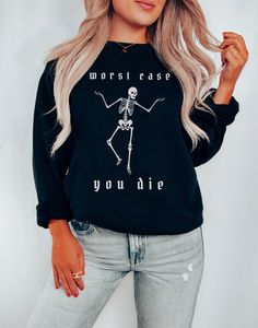 This fabulous skeleton sweatshirt is soon to become your new favorite!   Want a different design or color? Just let us know and we'll make it happen!  FIT & SIZING: * Ideal for any situation, this unisex heavy blend crewneck sweatshirt is pure comfort.  * Sweatshirts are comfortable for both men and women. * Please see the size chart in the photos to obtain an accurate size. Measure one of your favorite sweatshirts for comparison! * Ladies: For a looser fit, order one size up. GARMENT FEATURES: * These garments are made from polyester and cotton. This combination helps designs come out looking fresh and beautiful.  * The collar is ribbed knit, so it retains its shape even after washing. There are no itchy side seams on these sweaters. * Sweatshirts are made in the U.S.A. IMPORTANT INFO: * Emo Letter Print Sweatshirt For Fall, Black Crew Neck Sweatshirt With Skull Print, Band Merch Crew Neck Top With Skull Print, Crew Neck Skull Print Band Merch Top, Crew Neck Skull Print Top Band Merch, Stretch Skull Print Tops For Fall, Fall Skull Print Crew Neck Top, Edgy Distressed Crew Neck Sweater, Halloween Skull Print Crew Neck Sweater