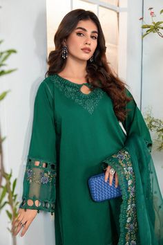 Bottle Green Embroidered Pakistani Salwar Kameez Dupatta is a stunning dress to wear on a festive occasion emblazoned with embroidery and floral designs. Elegant Chinon Lawn Suit For Navratri, Designer Cambric Sharara For Eid, Designer Wear Sharara For Eid In Cambric, Unstitched Cambric Dress With Dabka Work, Green Dabka Lawn Suit For Party, Elegant Cambric Sharara For Festive Occasions, Designer Cambric Dress For Festivals, Festival Cambric Dress, Eid Dresses With Resham Embroidery And Straight Kurta Shape