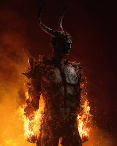 a demonic looking man standing in front of a fire filled sky with his hands on his hips