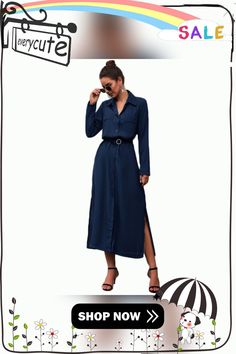 Navy Blue Button Down Split Maxi Shirt Dress Chic Blue Midi Shirt Dress, Elegant Blue Shirt Dress For Day Out, Blue Button-up Midi Dress For Office, Single Breasted Shirt Dress For Office, Trendy Shirt Dress With Buttons For Work, Blue Button-up Dress For Office, Elegant Blue Button-up Dress, Blue Collared Shirt Dress With Pockets, Chic Blue Shirt Dress With Pockets