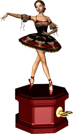 a woman in a black and red dress is standing on top of a pedestal with her arms outstretched