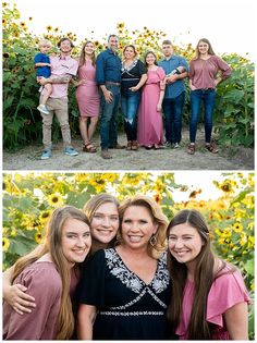 the family is posing for pictures in front of sunflowers and one has their arms around each other