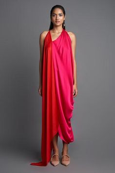 Shop for Amit Aggarwal Pink Chiffon Colorblock Asymmetric Draped Dress for Women Online at Aza Fashions Drape Dresses Indian, Color Block Drapes, Amit Aggarwal, Red Chiffon Dress, Golden Dress, Red Chiffon, Pink Chiffon, Metal Pipe, Indian Fashion Designers