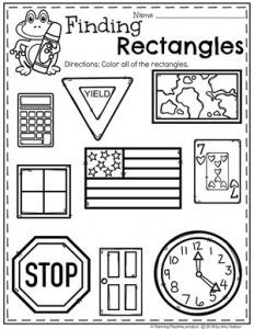 the worksheet for finding rectangles is shown in black and white, with pictures