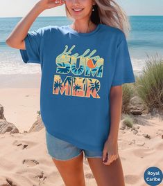 Hello Summer Beach Vacation Unisex Comfort Colors Shirt,retro Beach Tshirt,trendy Summer Saying,beach Lover Gift,beach Shirts for Women - Etsy Blue Slogan T-shirt For Summer, Beach Cotton T-shirt With Slogan, Blue Summer Top With Text Print, Blue Tops With Text Print For Summer, Blue Text Print Top For Summer, Tropical Graphic Print T-shirt For Beach, Beachy Summer T-shirt With Text Print, Summer T-shirt With Text Print For Summer Adventures, Tropical Print T-shirt For Beach