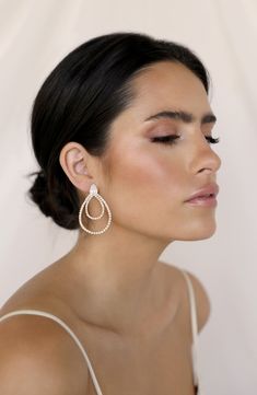 Glam up your looks with these layered frontal hoops that flank your face with faceted crystals. 2" drop; 1 1/4" width 18k-gold plate/glass Imported Bride Elegant Makeup, White Top Makeup Look, Elegant Wedding Guest Makeup, Natural Wedding Makeup Bold Lip, Pearl Wedding Updo, Soft Glam Wedding Makeup Brunette, September Wedding Makeup, Soft Bridal Makeup Brunette, Bridal Makeup For Brown Eyes Tutorial