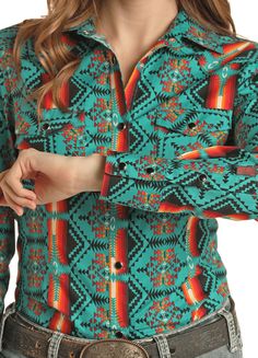 Great looking short sleeve snap up western shirt by Rock & Roll Cowgirl. It has a bright, fun teal aztec pattern throughout and a black snap up closure. 100% Cotton Western Store, Cowgirl Western, Aztec Pattern, Western Shirt, Rock Roll, Western Shirts, Western Wear, The Rock, Rock And Roll