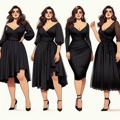 Woman Plus Size Dresses, Plus Size Illustration Fashion, Curvy Body Dress, Plus Size Stylish Outfits, Plus Size Designer Outfits, Ladies Wedding Guest Outfit, Plus Size Slip Dress Outfit, Plus Size Hourglass Outfits, Black Outfit Plus Size