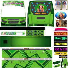 the green bus is decorated with pictures and advertisements for its advertising purposes, as well as other items