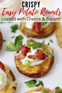 small appetizers with bacon, cheese and green onions on them are arranged on a white surface