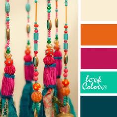 the color is teal, orange, and pink with some beads hanging from it