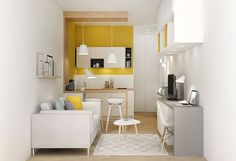 a living room filled with furniture next to a kitchen and dining area on top of a hard wood floor