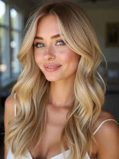 Golden Blonde Hair Color Ideas, Hair Color Golden Blonde, Hair Color Golden, Blonde Hair Pale Skin, Soft Blonde Hair, Golden Blonde Hair Color, Fair Skin Makeup, Blonde Hair Green Eyes, Layered Hair With Bangs