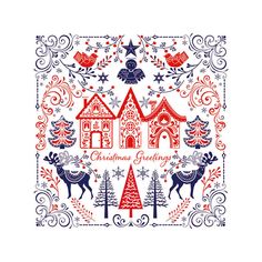 christmas greeting card with houses and trees