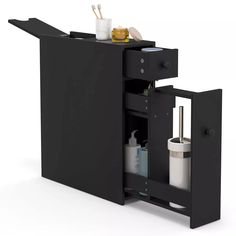 a black cabinet with some items in it