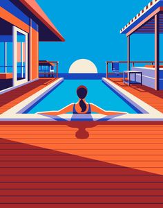 a woman is sitting in front of a swimming pool with the sun setting behind her