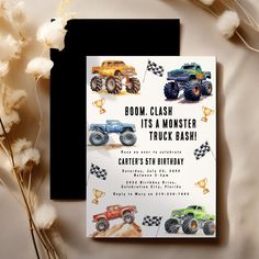 a birthday card with monster trucks on it