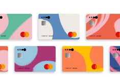 six credit cards with different colors and shapes