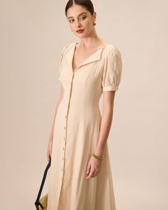 Fabric: This Puff Sleeve Midi Dress is made of Cotton. Cotton fabric features humidity balance, durability, and eco-friendly nature, feeling soft but not stiff when touching the skin. 
 
 Description: This dress is crafted from soft, breathable cotton, ensuring comfort throughout the day. The charming apricot hue and puff sleeves add a touch of romance and femininity, making it a perfect choice for any occasion. The midi length provides a graceful silhouette, suitable for both casual outings and Apricot Dress, Puff Sleeve Midi Dress, Beige Dresses, Cotton Midi Dress, Long Sleeve Short Dress, Sleeve Midi Dress, Everyday Dresses, Brown Dress, Womens Midi Dresses