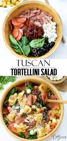 two bowls filled with tortellini salad next to each other