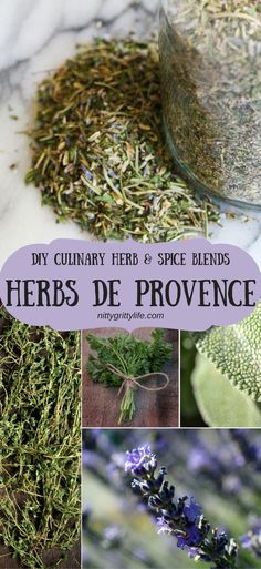 herbs and spice blends are shown in this collage with the words herbs de provene