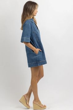 Denim Blue Short Sleeve Dresses With Pockets, Denim Blue Short Sleeve Shirt Dress, Relaxed Fit Mini Length Denim Dress In Medium Wash, Casual Medium Wash Mini Dress With Pockets, Medium Wash Relaxed Fit Mini Denim Dress, Relaxed Fit Medium Wash Denim Mini Dress, Casual Cotton Mini Dress With Collar, Relaxed Fit Mini Denim Dress For Work, Short Sleeve Denim Dress For Day Out