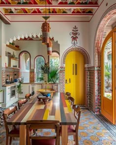 a dining room table with chairs and a yellow door in the center is surrounded by colorful tiles