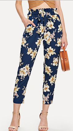 NEEVA NAVY FLORAL ANKLE PANTS - B ANN'S BOUTIQUE Boho Ootd, Wedges Heels, Floral Print Rompers, Belt Style, Pants Large, Sweet Floral, Floral Pants, Tapered Pants, Type Of Pants