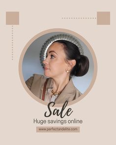 a woman with a bun in her hair and the words sale huge savings online