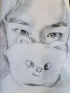 a pencil drawing of a man with a cat on his face and another person's head in the background