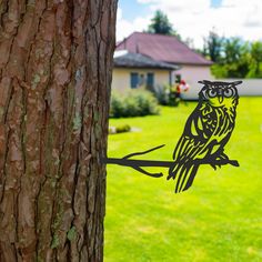 an owl cut out on the side of a tree in front of a house and yard