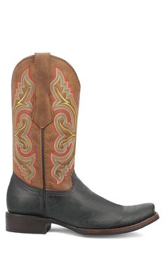 Vibrant embroidery amplifies the Western appeal of this gritty cowboy boot with a classic snoot toe and stockman heel. Pull-on style Removable, cushioned insole Leather upper/textile lining/synthetic sole Imported Southwestern Snip Toe Boots For Western-themed Events, Southwestern Style Snip Toe Boots For Country Events, Country Style Black Boots With Snip Toe, Country Style Black Snip Toe Boots, Black Snip Toe Country Boots, Western Square Toe Boots For Western-themed Events, Western-style Square Toe Boots For Western-themed Events, Western Black Boots For Country Events, Black Western Boots For Country Events