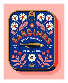 a square tin with flowers on it and the words sardines wild caught in olive oil