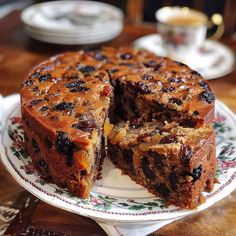 a cake on a plate with one slice cut out