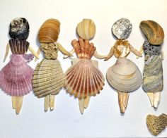 five seashells are arranged in the shape of three girls with shells on their backs