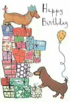 a birthday card with a dachshund dog and presents on it's side